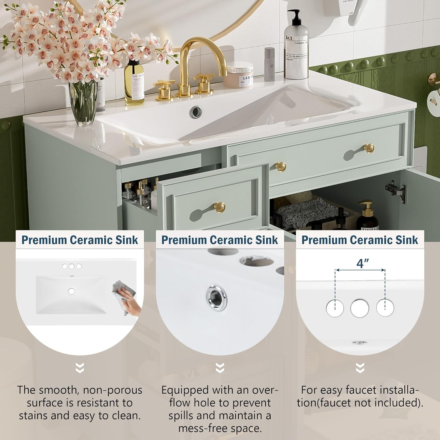 36-inch Green Bathroom Vanity Transitional Style Bathroom Cabinet W/ Ceramic