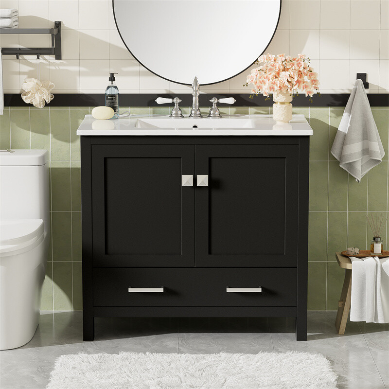 36″ Black Bathroom Vanity with Ceramic Sink Bathroom Cabinet with Ample Storage