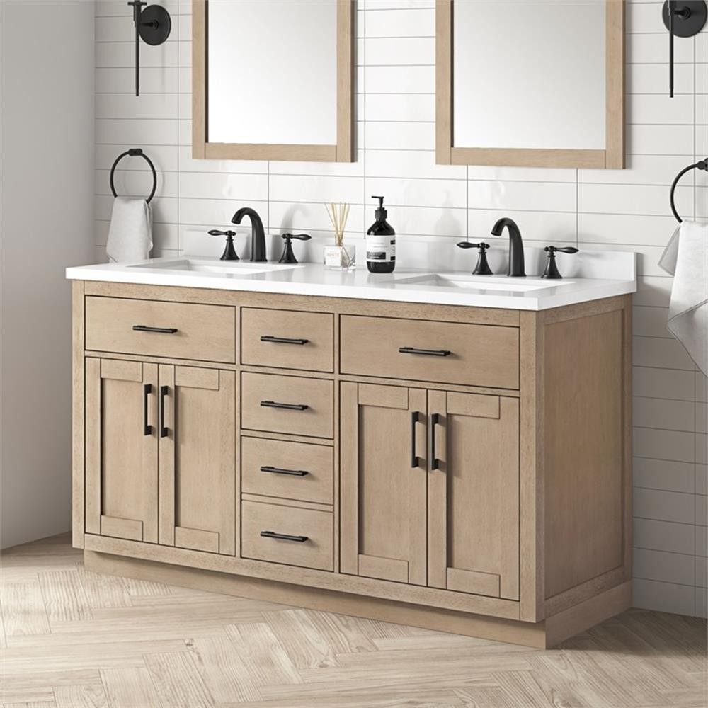 Pemberly Row 60″ Double Bathroom Vanity in Sahara Birch with White Countertop