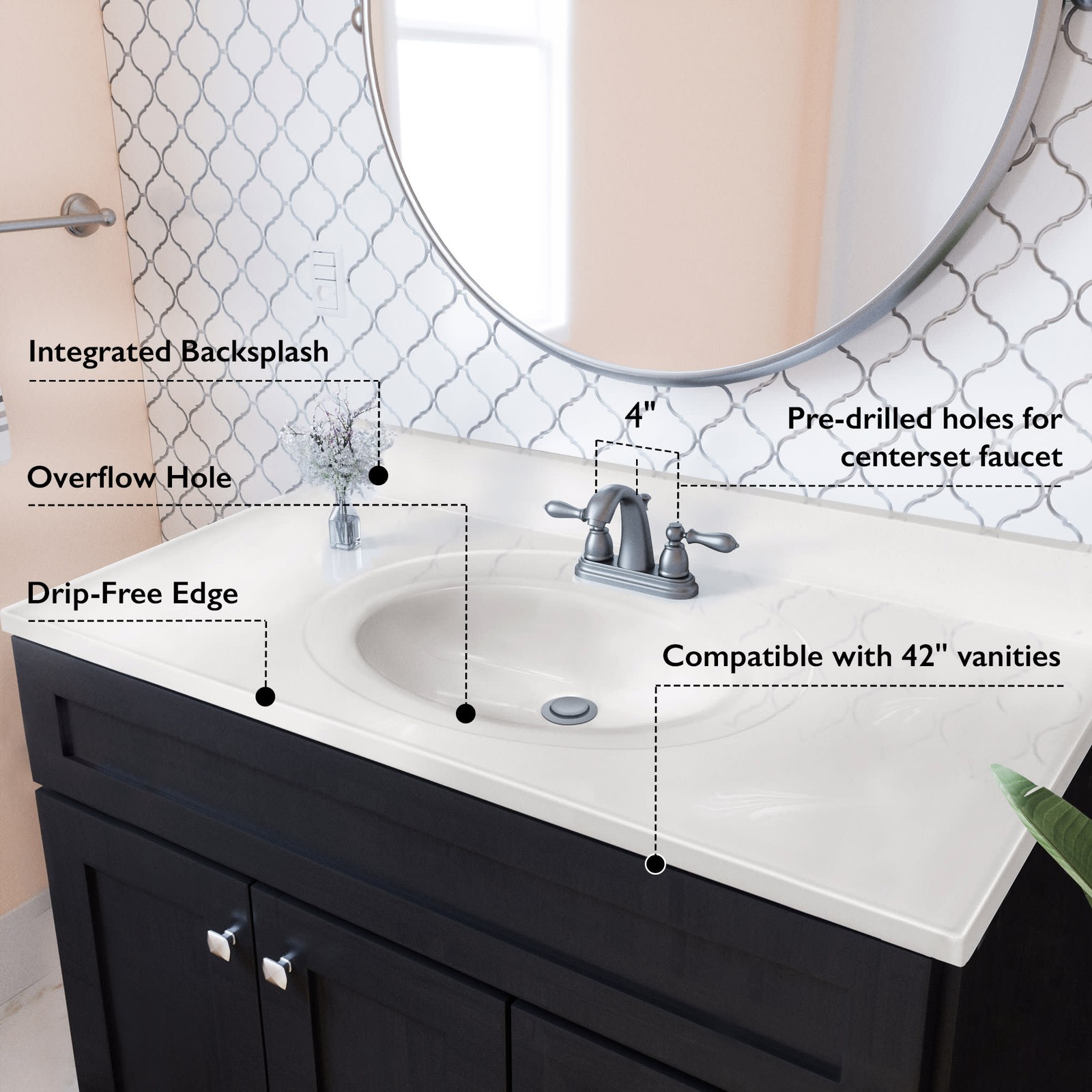 Design House 586164 43″ Cultured Marble Vanity Top – White