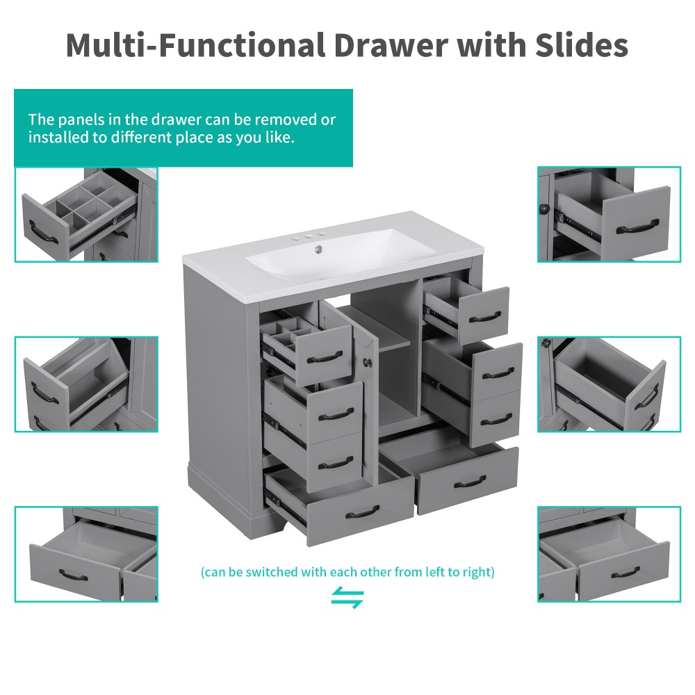 Bathroom Vanity Base Cabinet Six-Drawer Design Features Adjustable Shelves