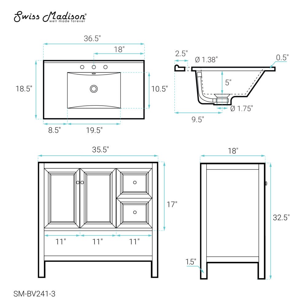 Swiss Madison SM-BV241-3 Chateau 36″ – Golden Oak / White