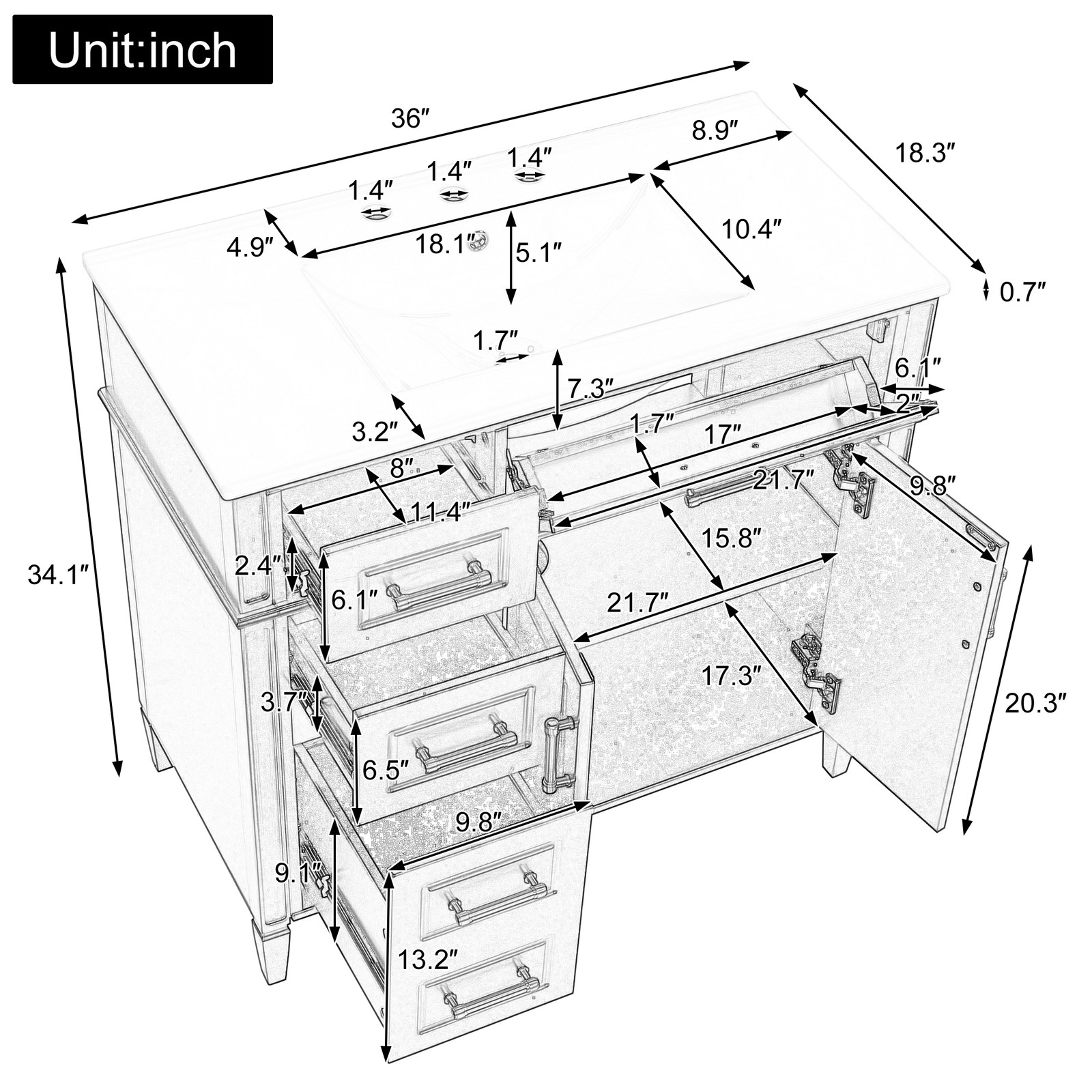 Bathroom Vanity w/Ceramic Sink,Wood Storage Cabinet w/Drawers &Adjustable Shelf
