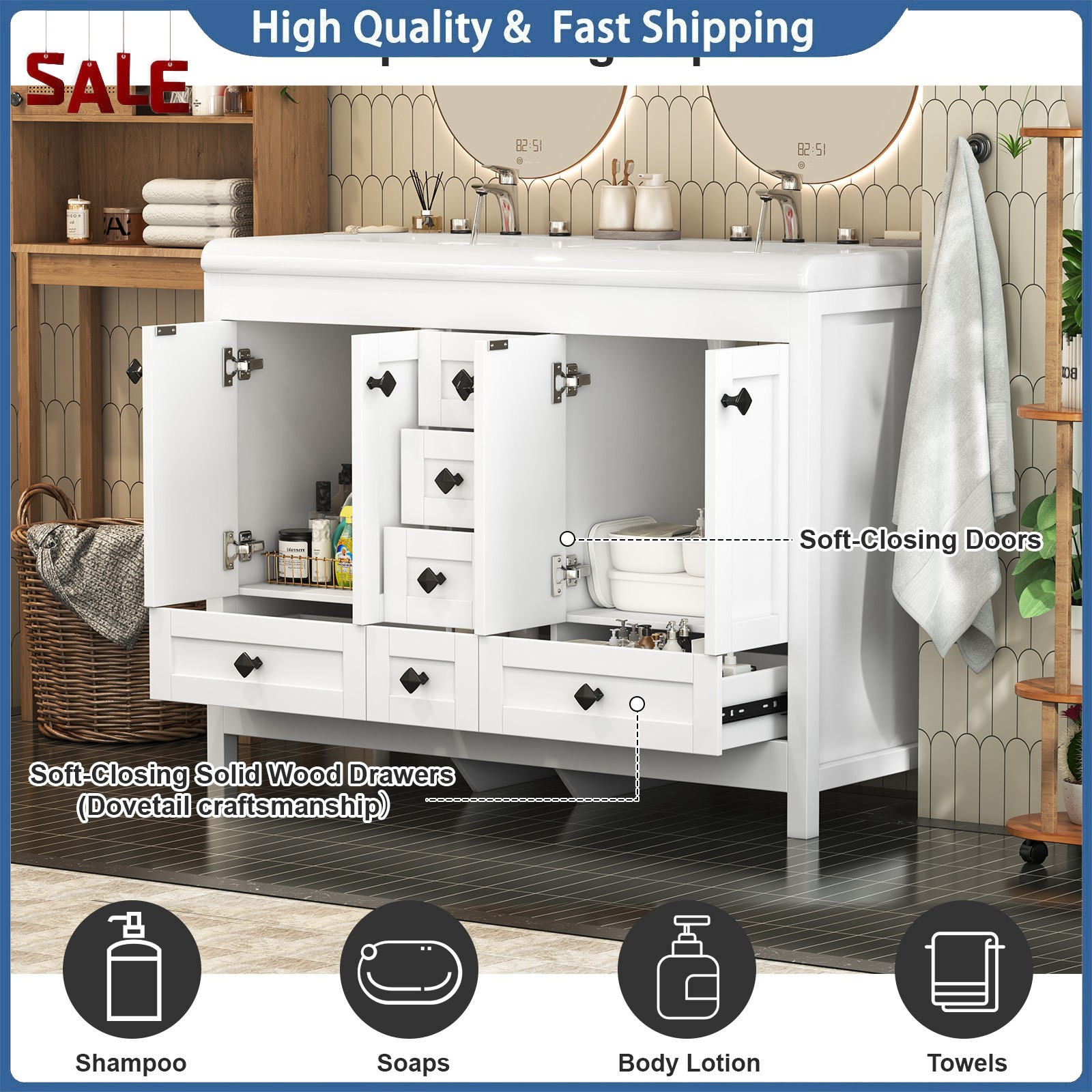Modern 47-inch Double-Sink Freestanding Vanity with 6 Drawers and Cabinet White