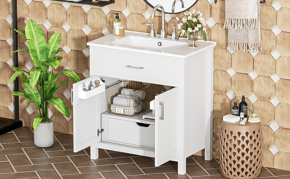 30-Inch Bathroom Vanity with Ceramic Sink, White, Solid Wood MDF