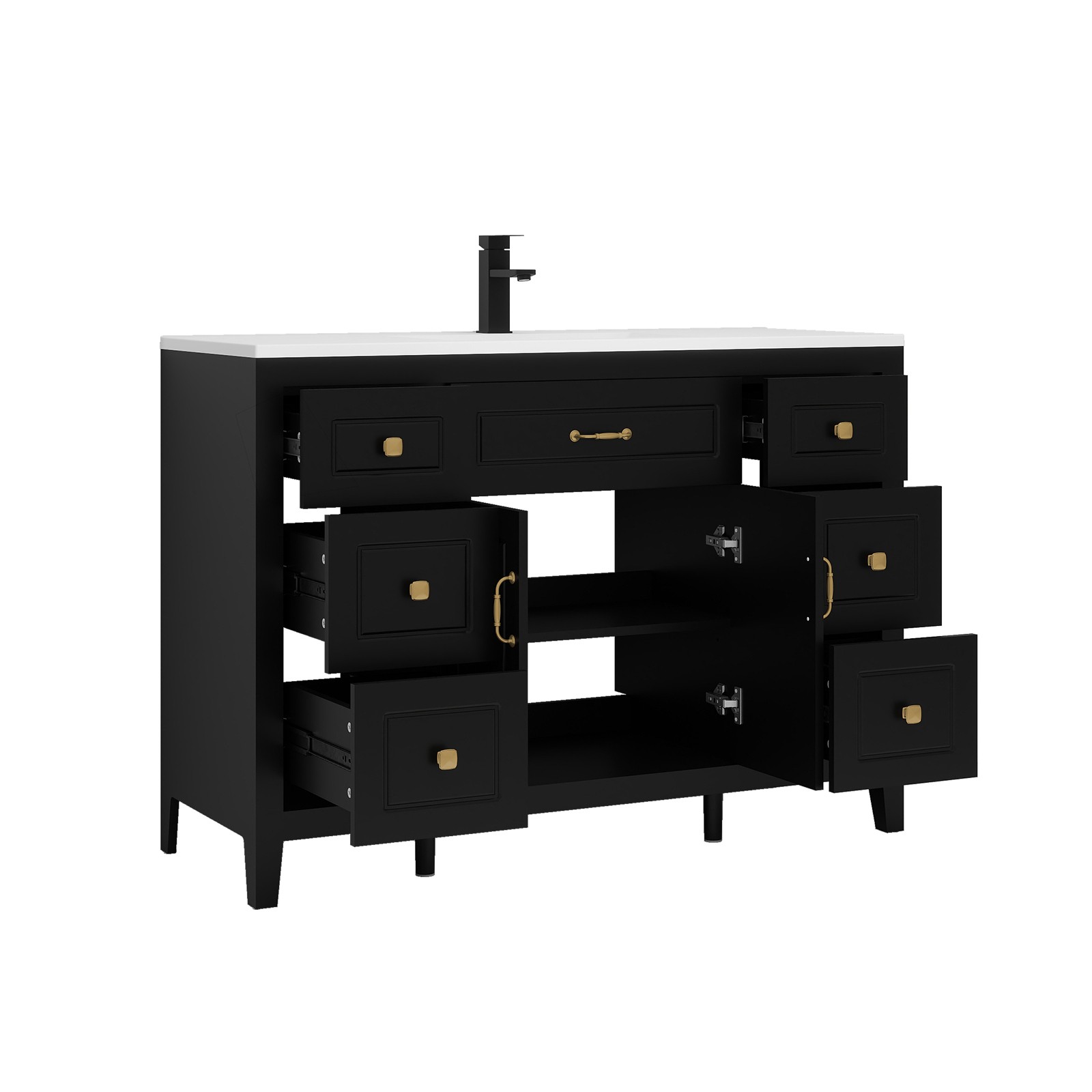 48″Bathroom Vanity with Sink Soft Close 2 Doors and 6 Drawers Freestanding Black