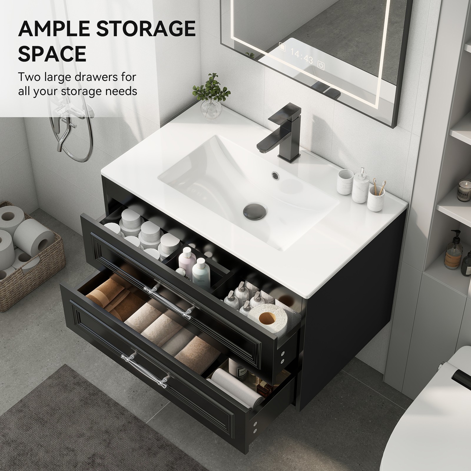 30” Floating Bathroom Vanity Set Ceramic Undermount Sink 2 Glass Drawers Towel