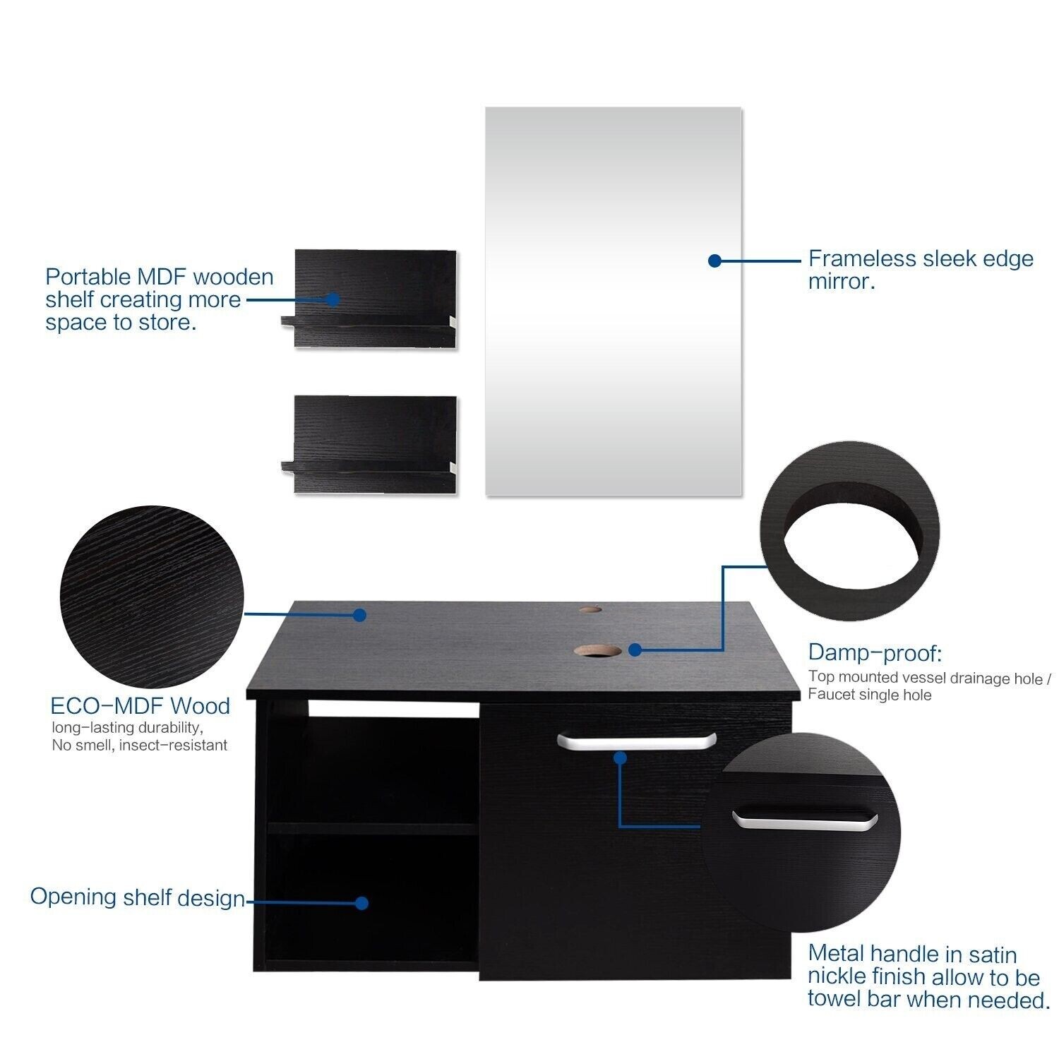 28” Floating Bathroom Vanity Black Cabinet with Sink Vessel Side Shelves Mirror
