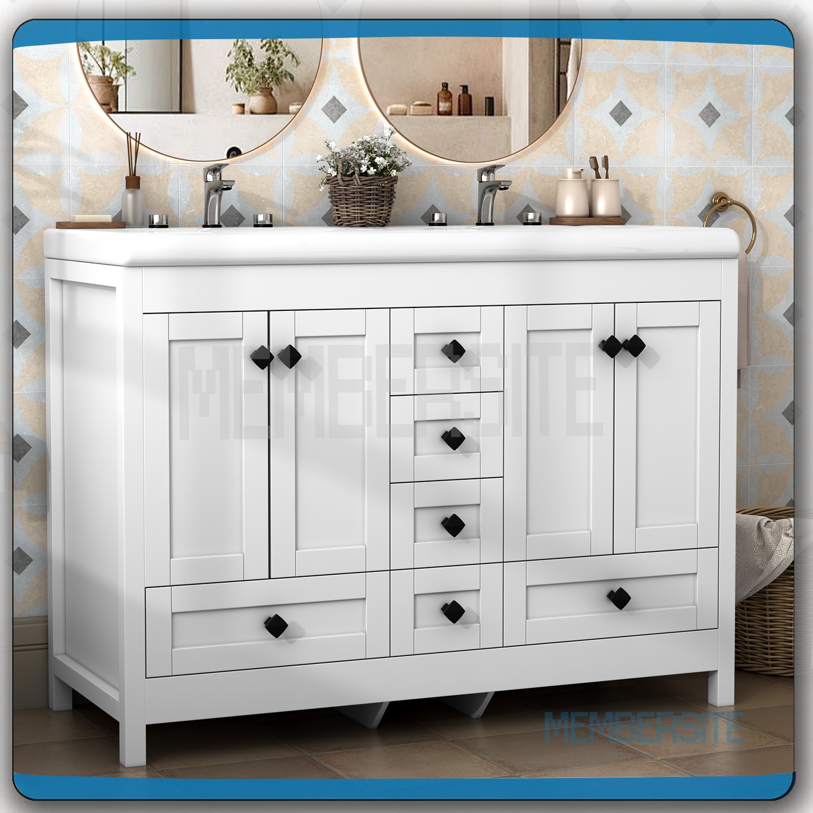 Bathroom Cabinet 47.3″ Vanity Top w/2 Sinks ,6 Drawers Bathroom Vanity Cabinet