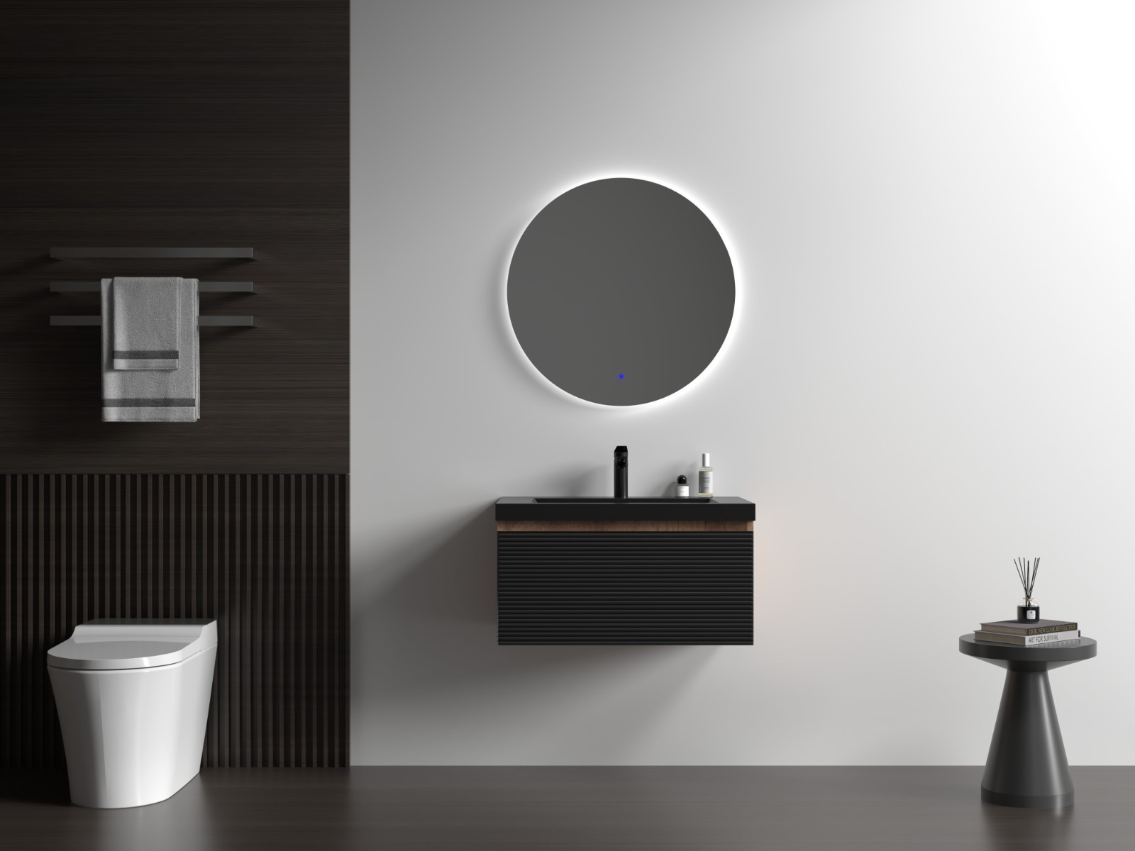 30” Bathroom vanity set floating vanity oak and black quartz sands basin top