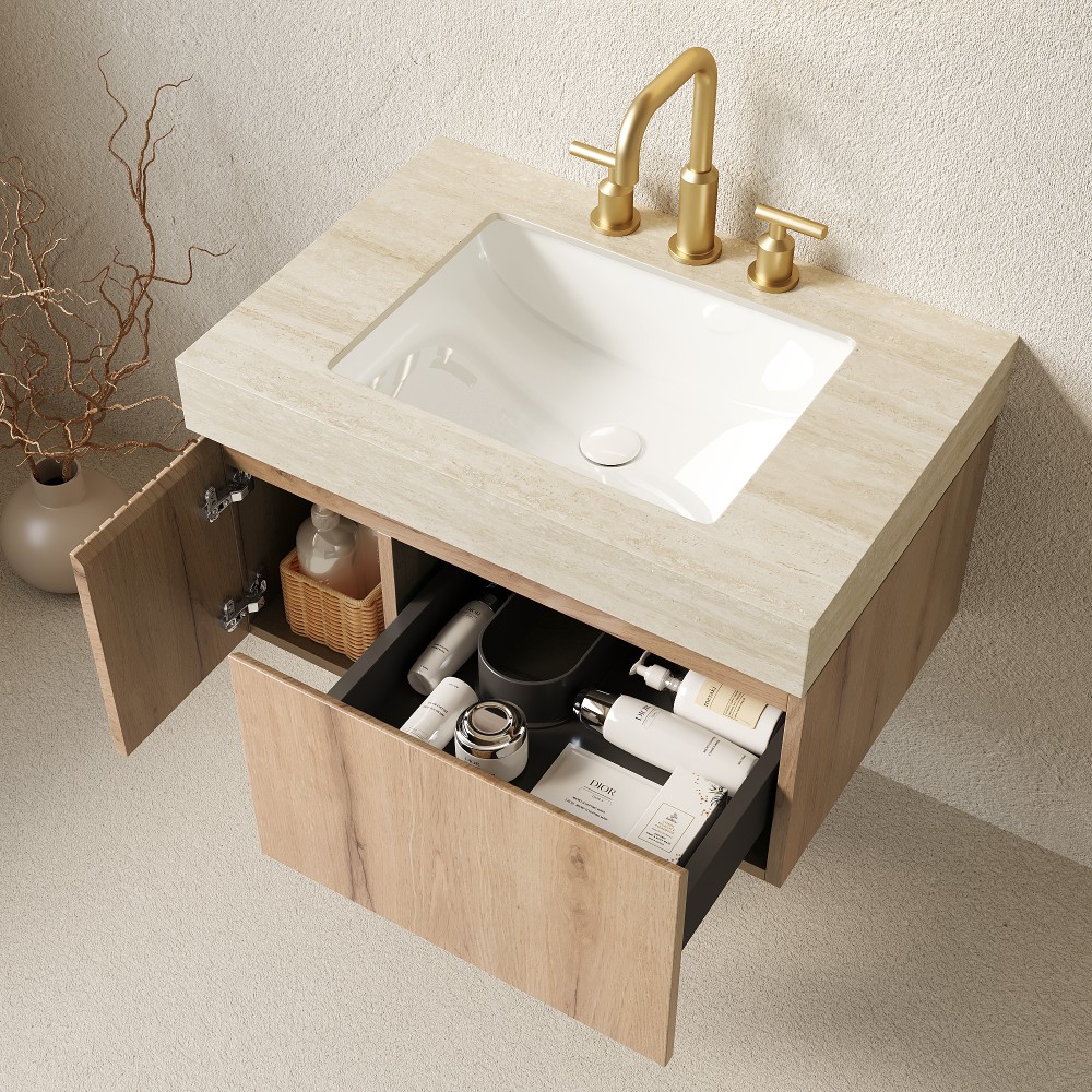 Floating Bathroom Vanity with Sink, Cabinet, Ceramic Basin & Stone Top