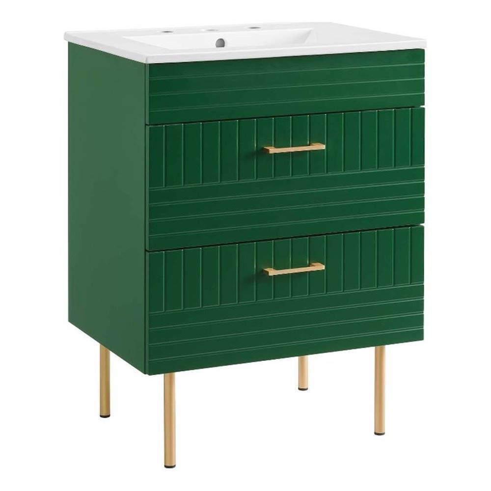 Modway Daybreak 24″ Modern Wood/Ceramic Bathroom Vanity with Gold Legs in Green