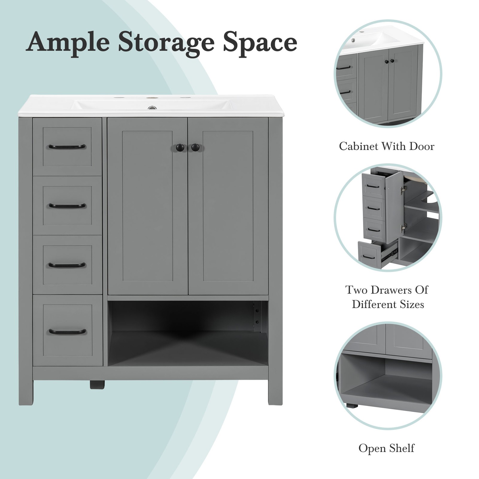 30″ Bathroom Vanity with Sink, 2 Doors & 2 Drawers, Solid Wood, Gray