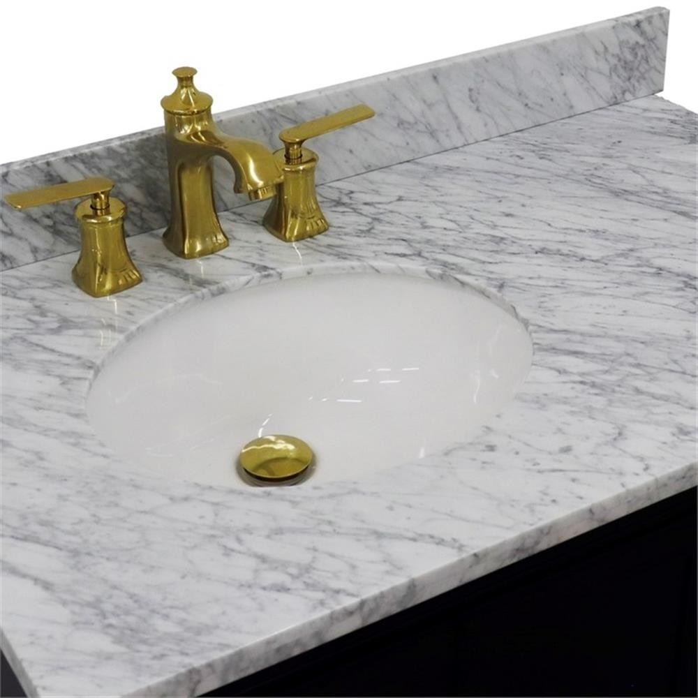 37 in. Single Wooden Vanity Blue White Carrara Oval Left Door.Left Sink