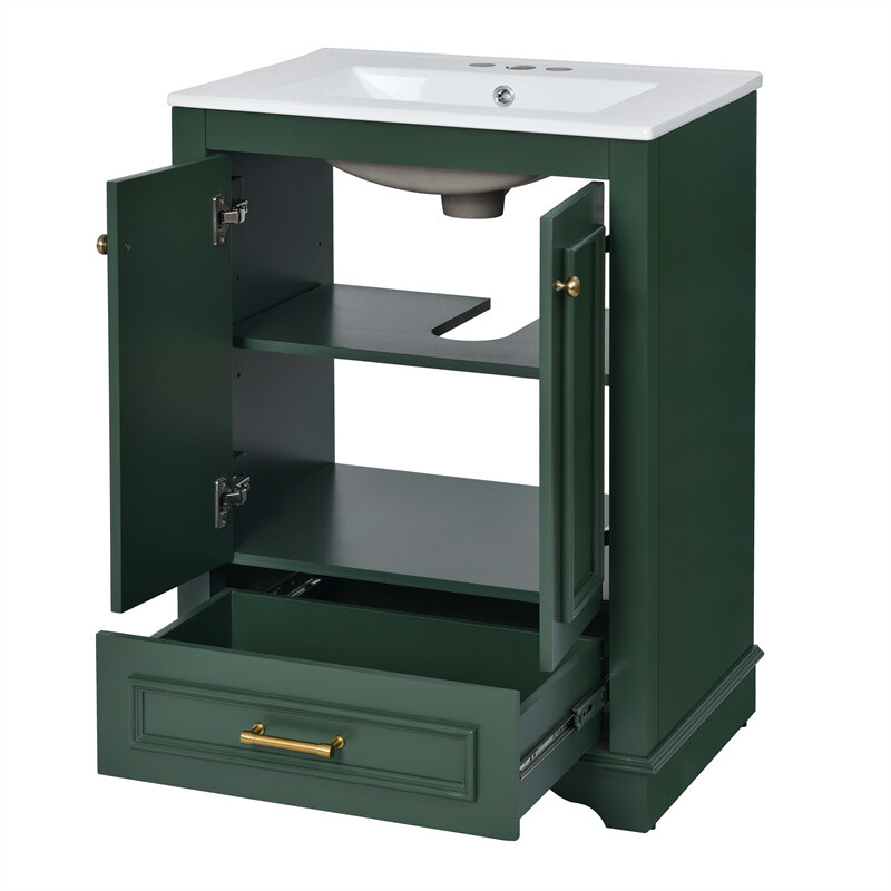 24” Bathroom Vanity with Ceramic Sink Combo Green Cabinet w/Doors & Drawers
