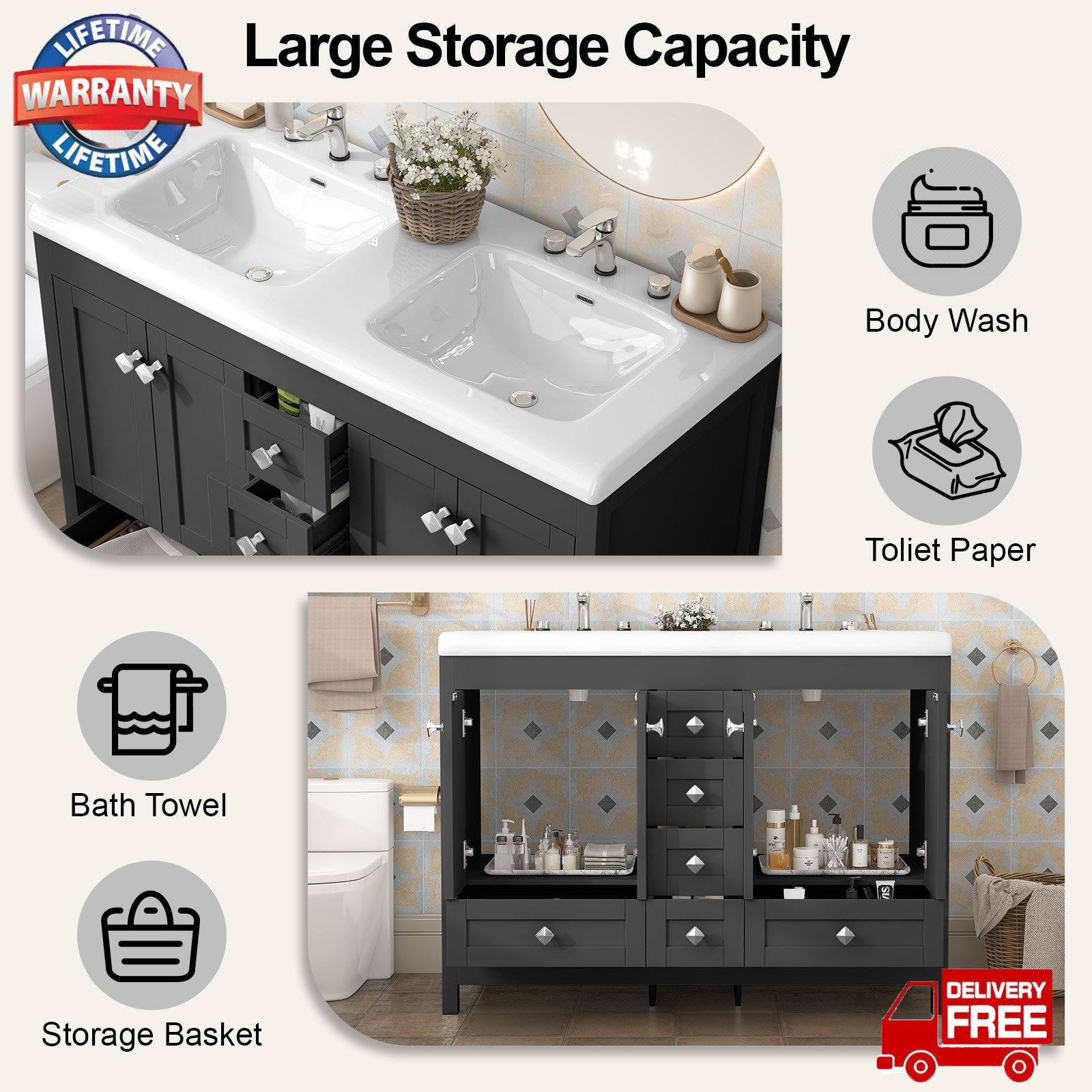 47″ 2 Doors Bathroom Vanity Cabinet w/ Double Ceramic Sinks & 5 Drawers Black