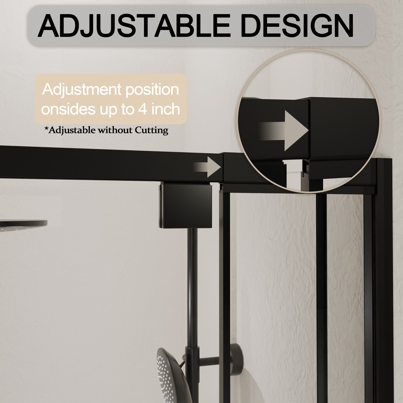 Semi-Frameless Pivot Hinged Shower Door 44-48″W x 72″H Matte Black
