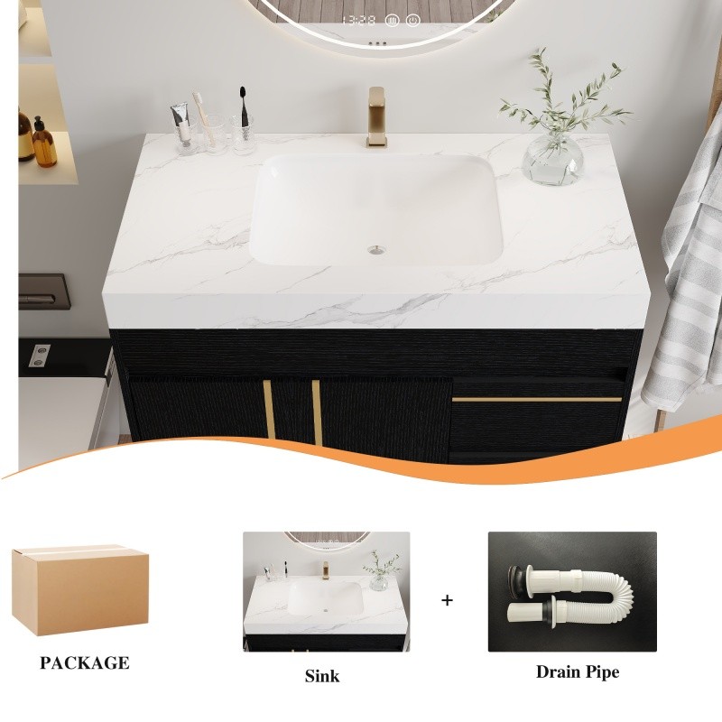 36″ Modern Floating Bathroom Vanity w/Integrated Ceramic Sink & Faux Marble Top