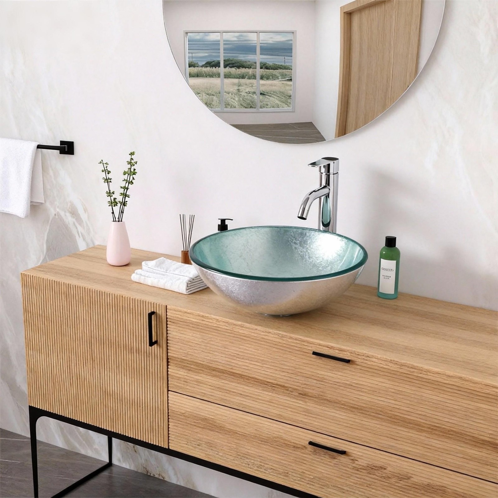 Bathroom Artistic Tempered Glass Vessel Bathroom Sink with Pop-up Drain