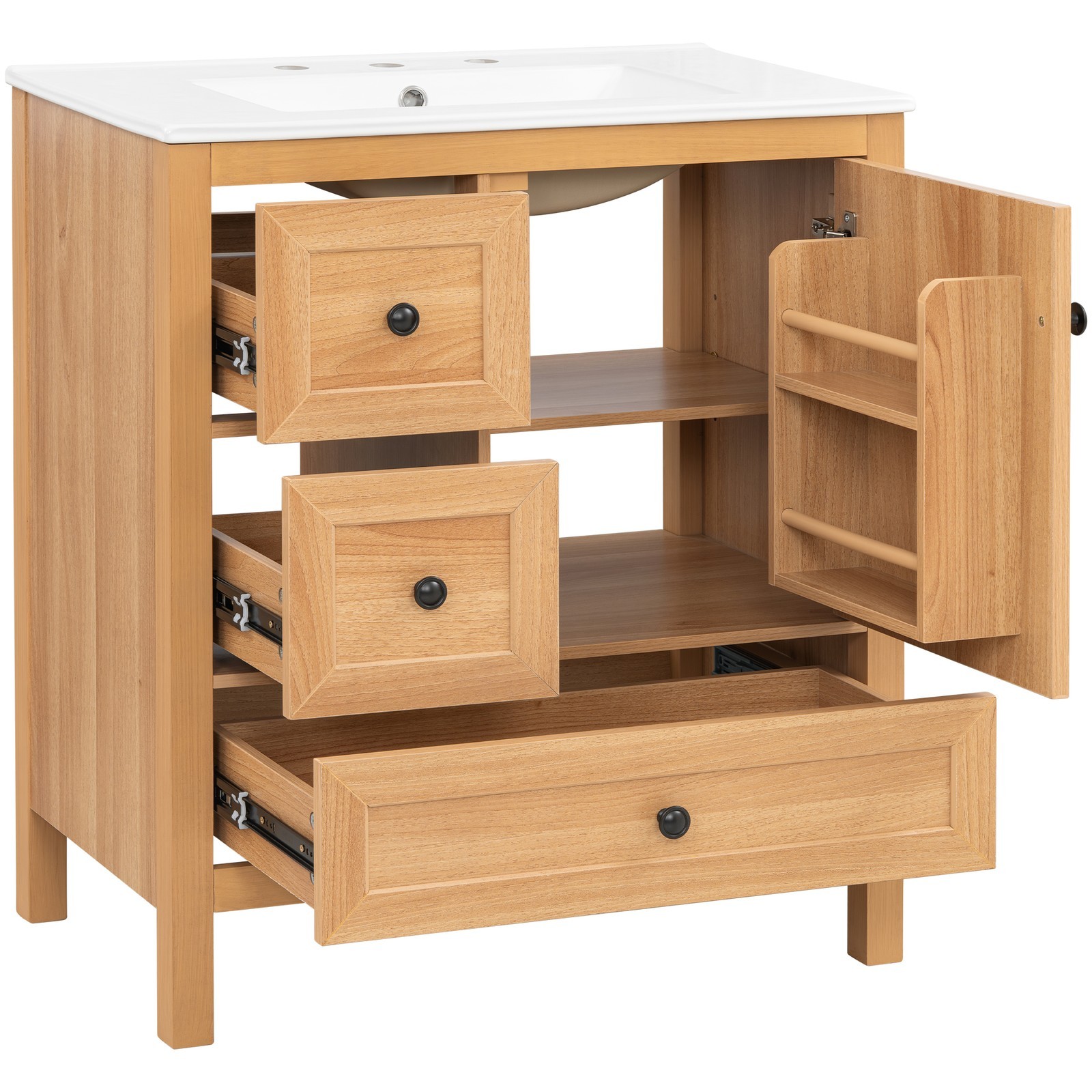 30″ Bathroom Vanity with Ceramic Sink Wood Grain Cabinet with Soft-Close Drawer