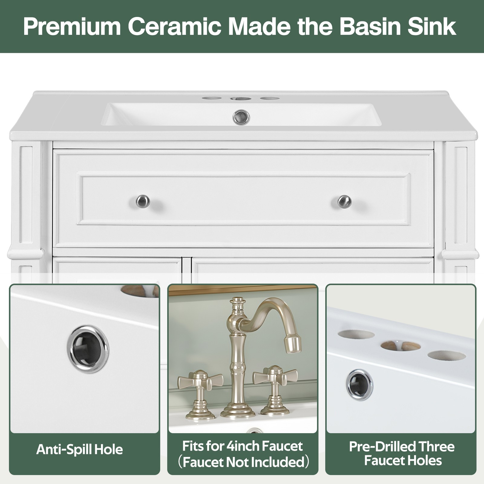 30 Inch Bathroom Vanity w/Ceramic Sink Basin, Storage Cabinet w/Soft Close Door