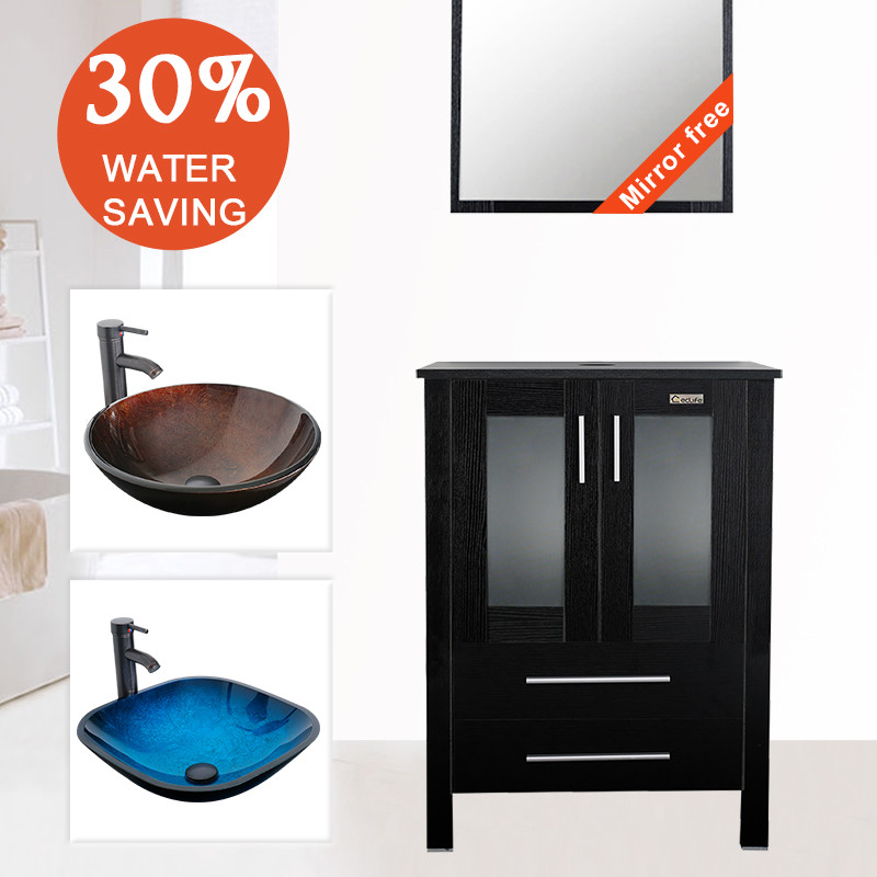 24″ Bathroom Vanity Set W/ Mirror Cabinet Glass Single Sink Faucet Combo Wood
