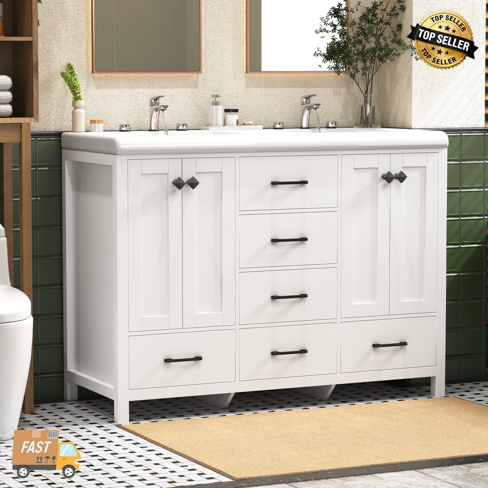 47.3″ Bathroom Vanity Double Sink Ceramic Freestanding Storage Cabinet Drawers.