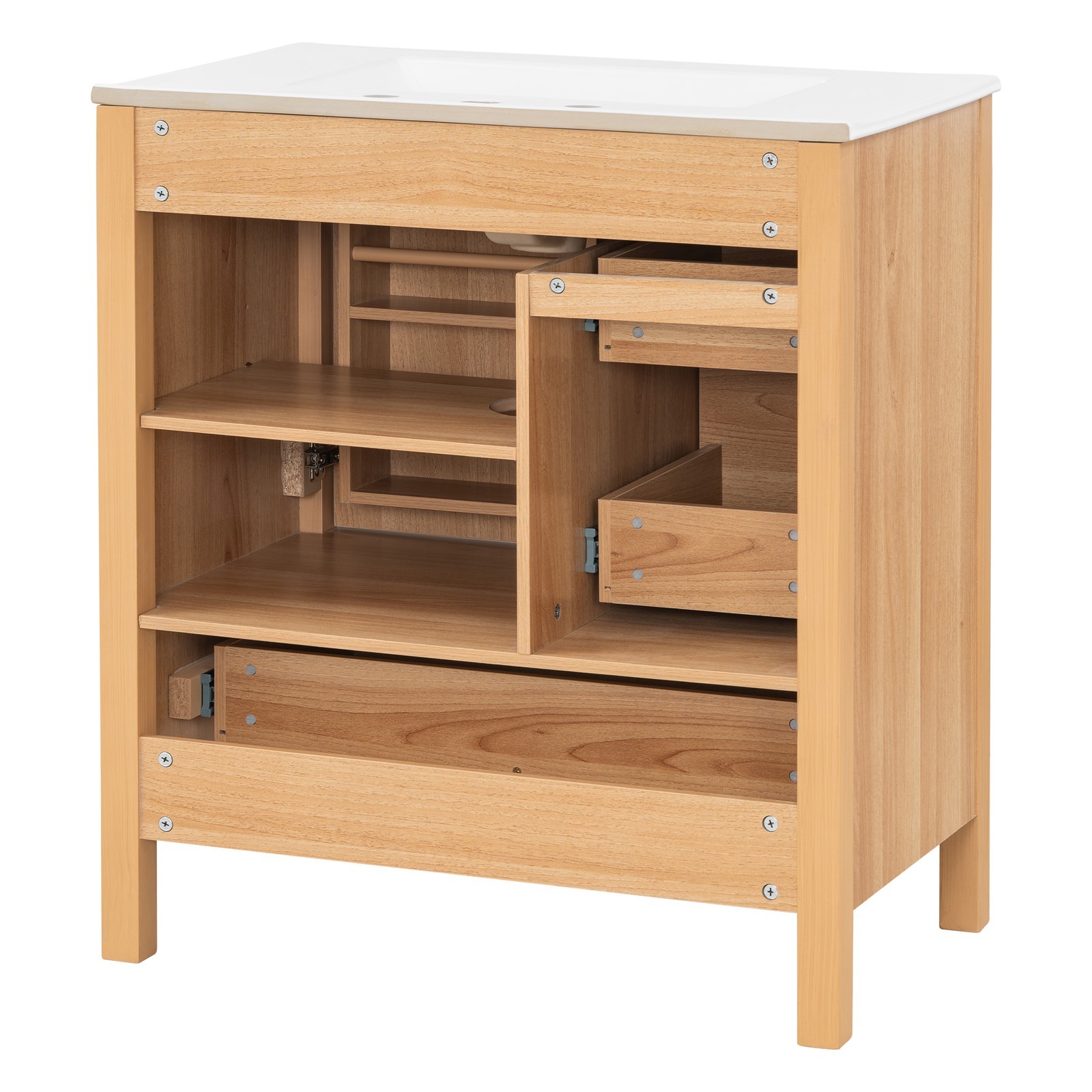 30″ Bathroom Vanity with Ceramic Sink Wood Grain Cabinet with Soft-Close Drawer