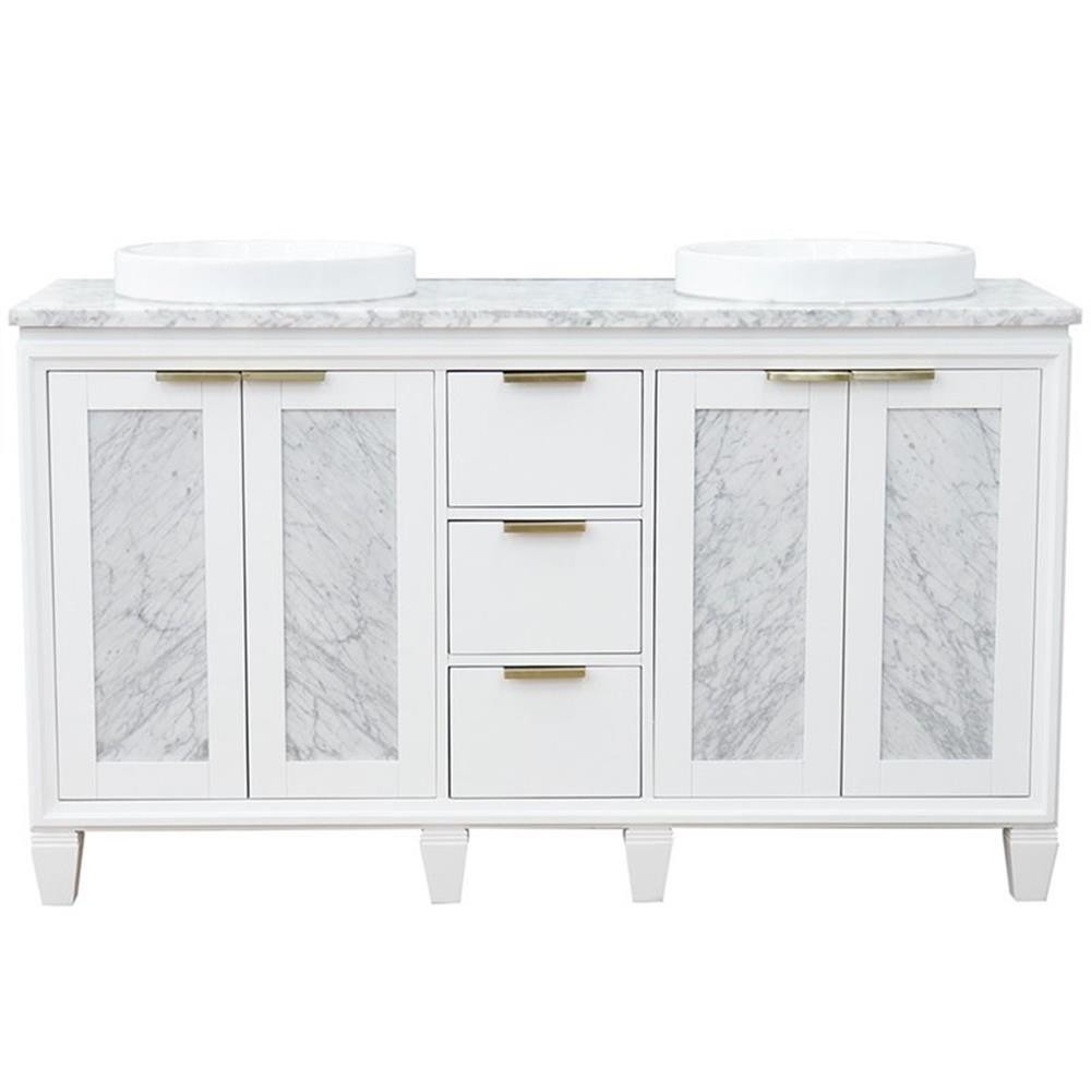 Pemberly Row 61″ Double Round Sink Solid Wood Vanity in White/White Carrara