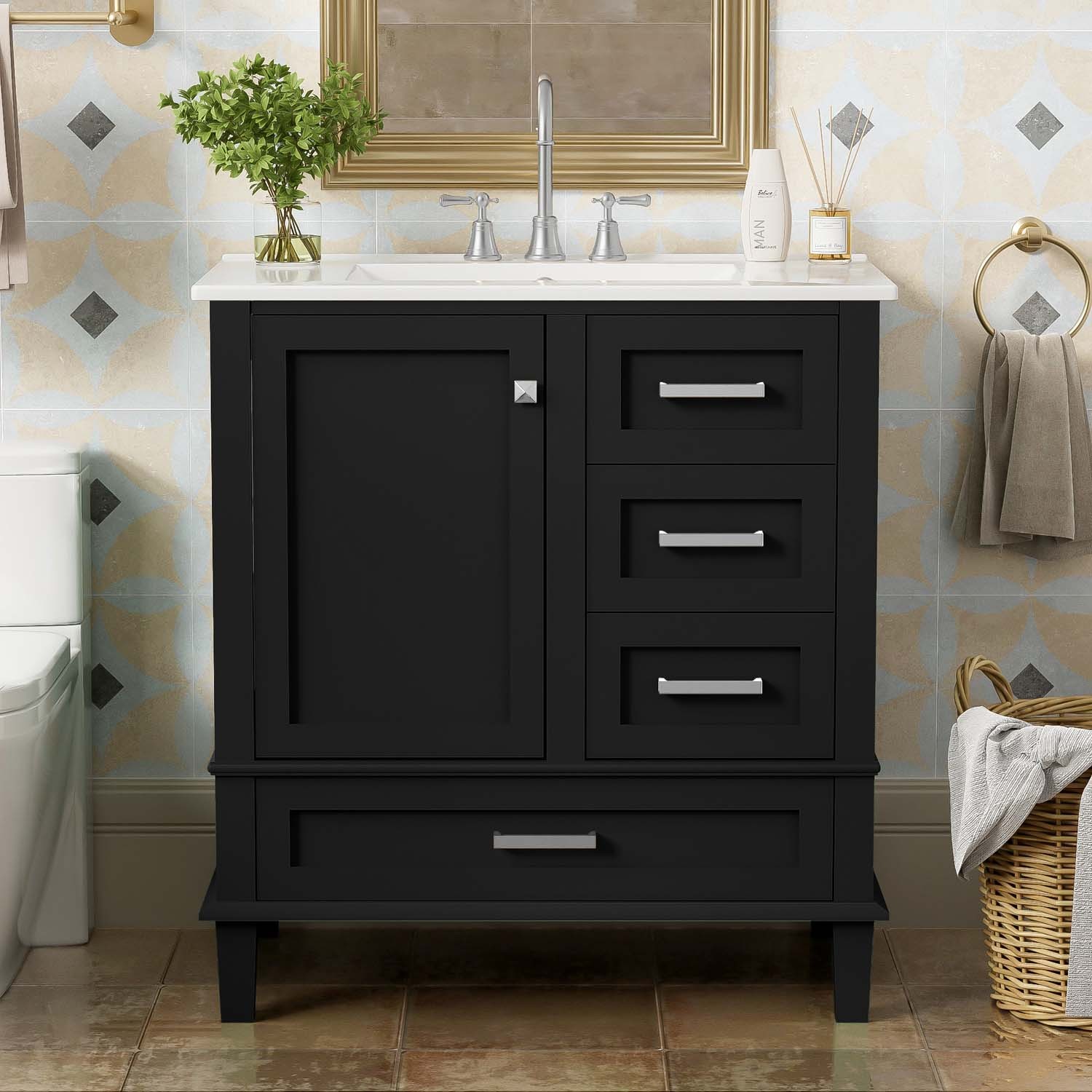 30″ Freestanding Bathroom Vanity Black Green Solid Wood Soft-Close 3 Drawer Sink