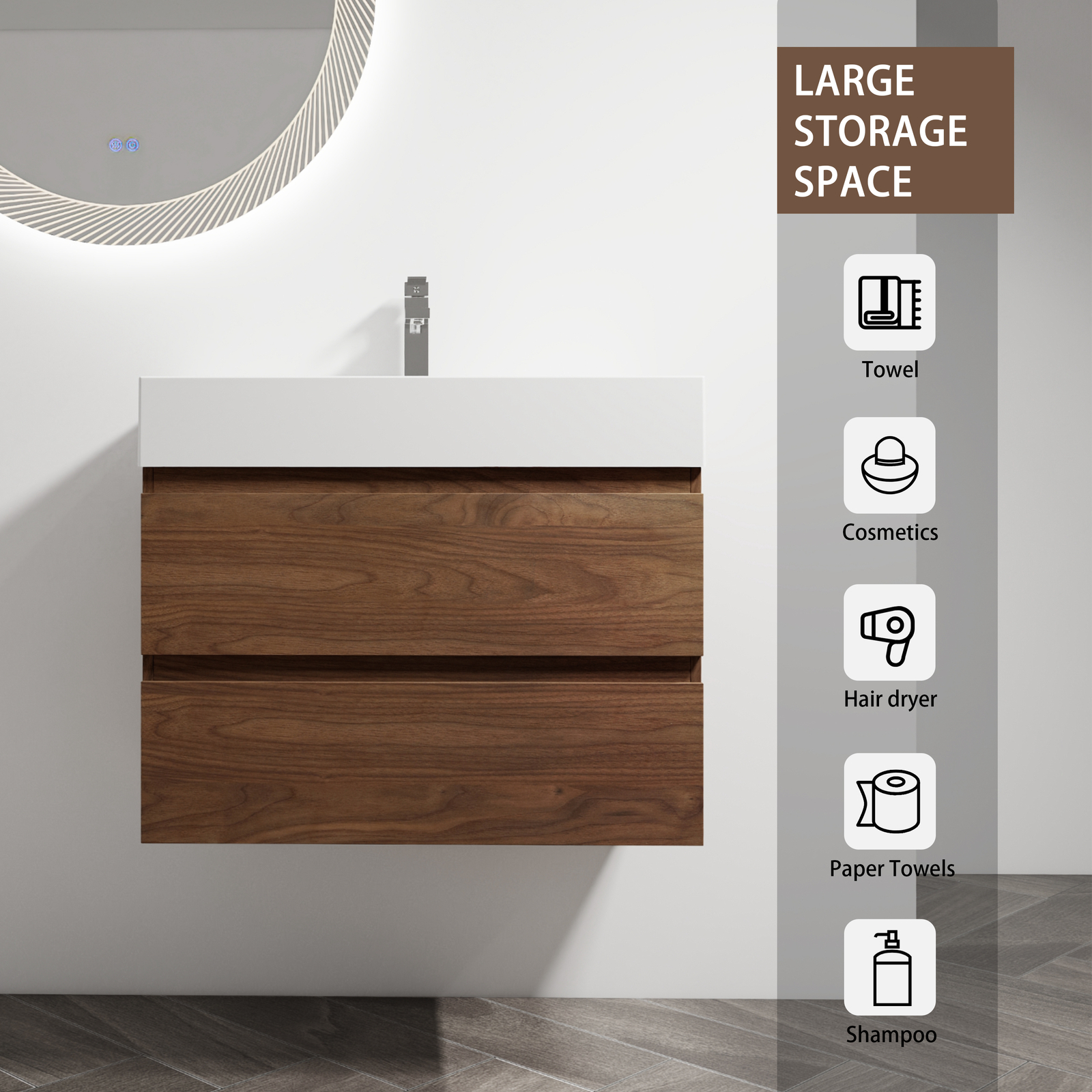 30″ Wall-Mounted Bathroom Vanity Cabinet W/Resin Sink 2-Soft Close Drawers Brown