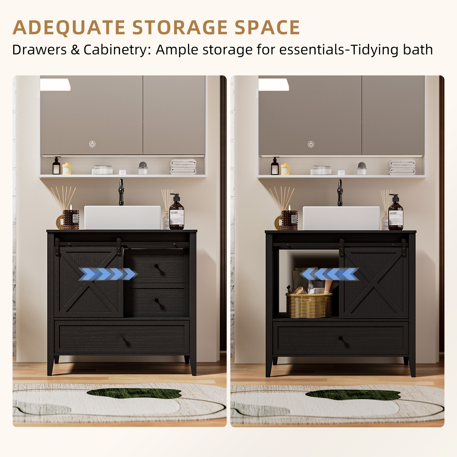 36″ Bathroom Vanity w/Sink Ceramic Freestanding Cabinet Wood Grain Texture Black