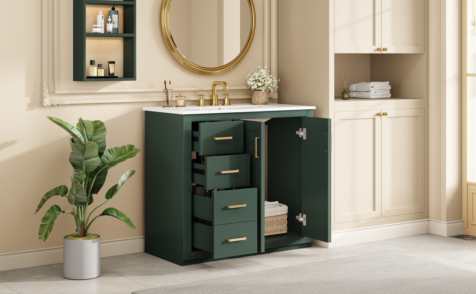 36″ Bathroom Vanity with Ceramic Sink, Solid Wood Frame, 3 Drawers