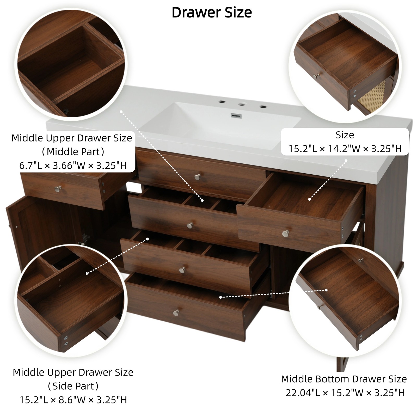 60″ Bathroom Vanity with SMC Sink, Brown, Soft Close Drawers & Rattan Doors