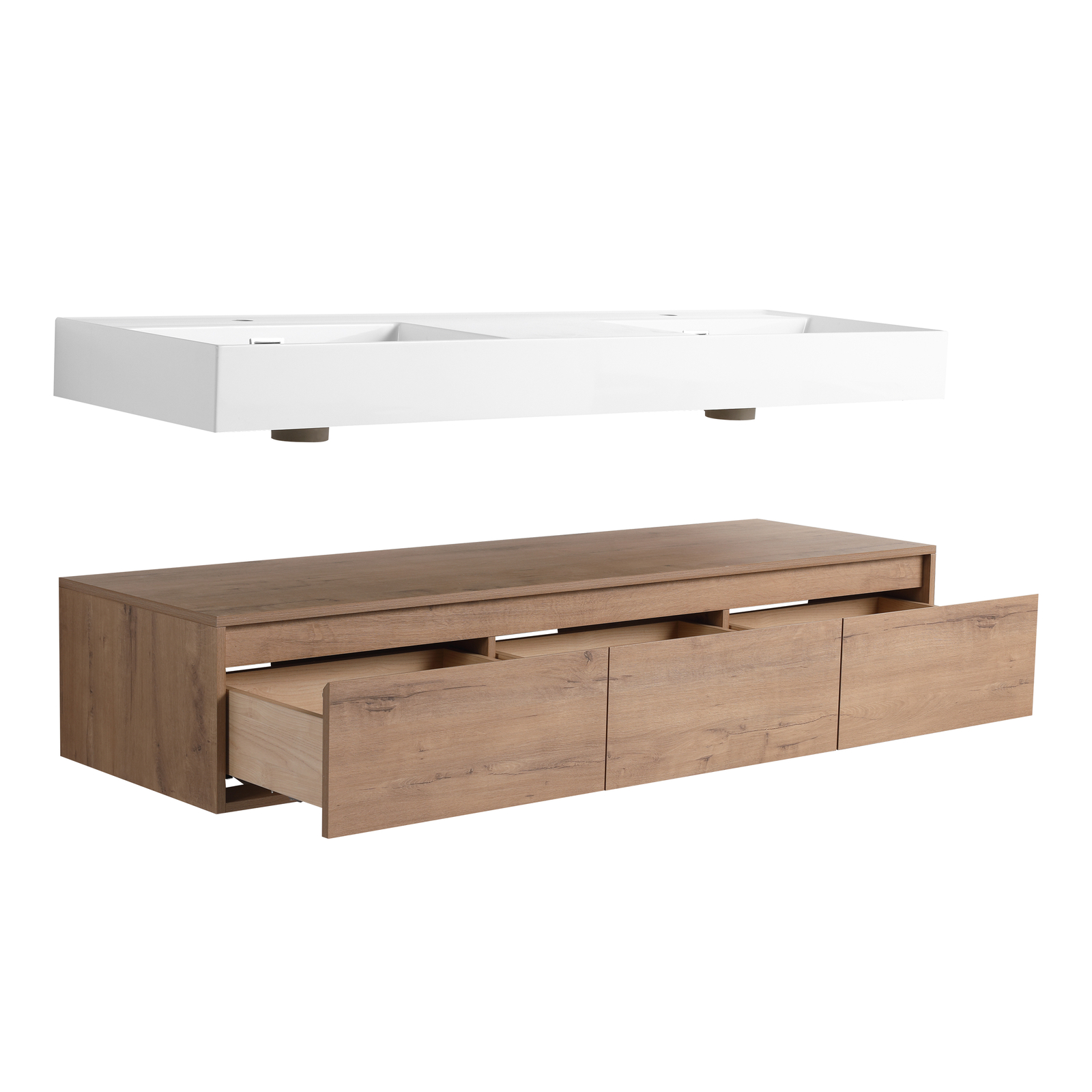 60″ Wood Floating Wall Mounted Bathroom Vanity with Double Resin Sink +3Drawers