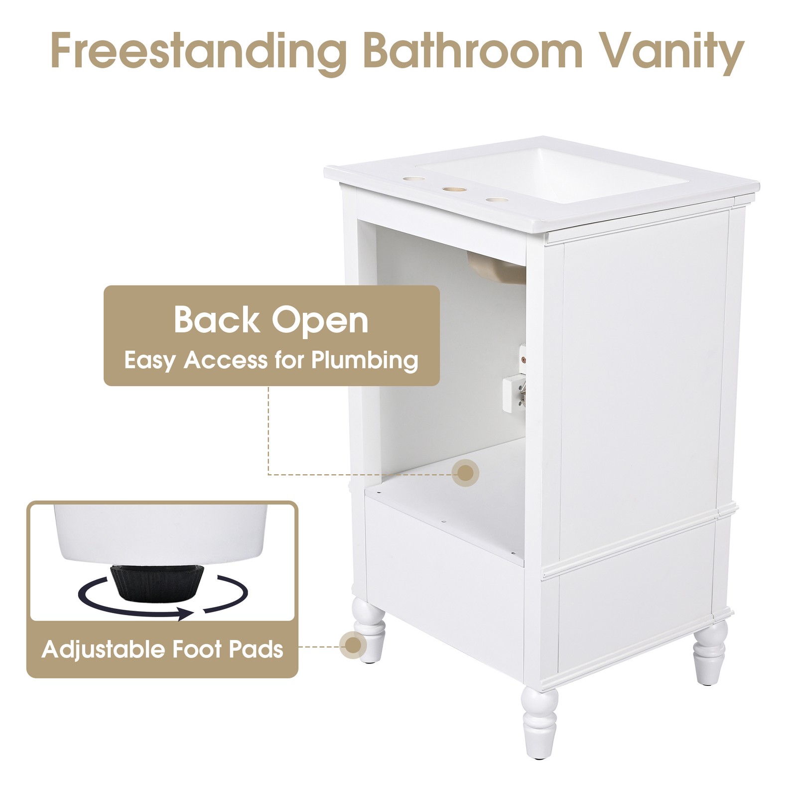 20″ Bathroom Vanity with Sink, Freestanding Bath Vanity Cabinet, Drawer, 2 Doors