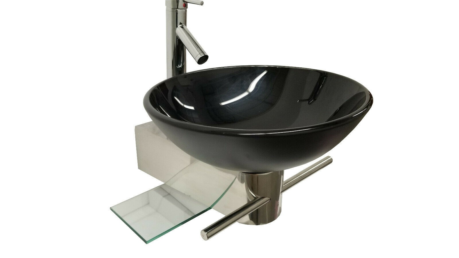 Modern Wall Mount Bathroom Pedestal Vanity Black Glass Bowl Vessel Sink Combo