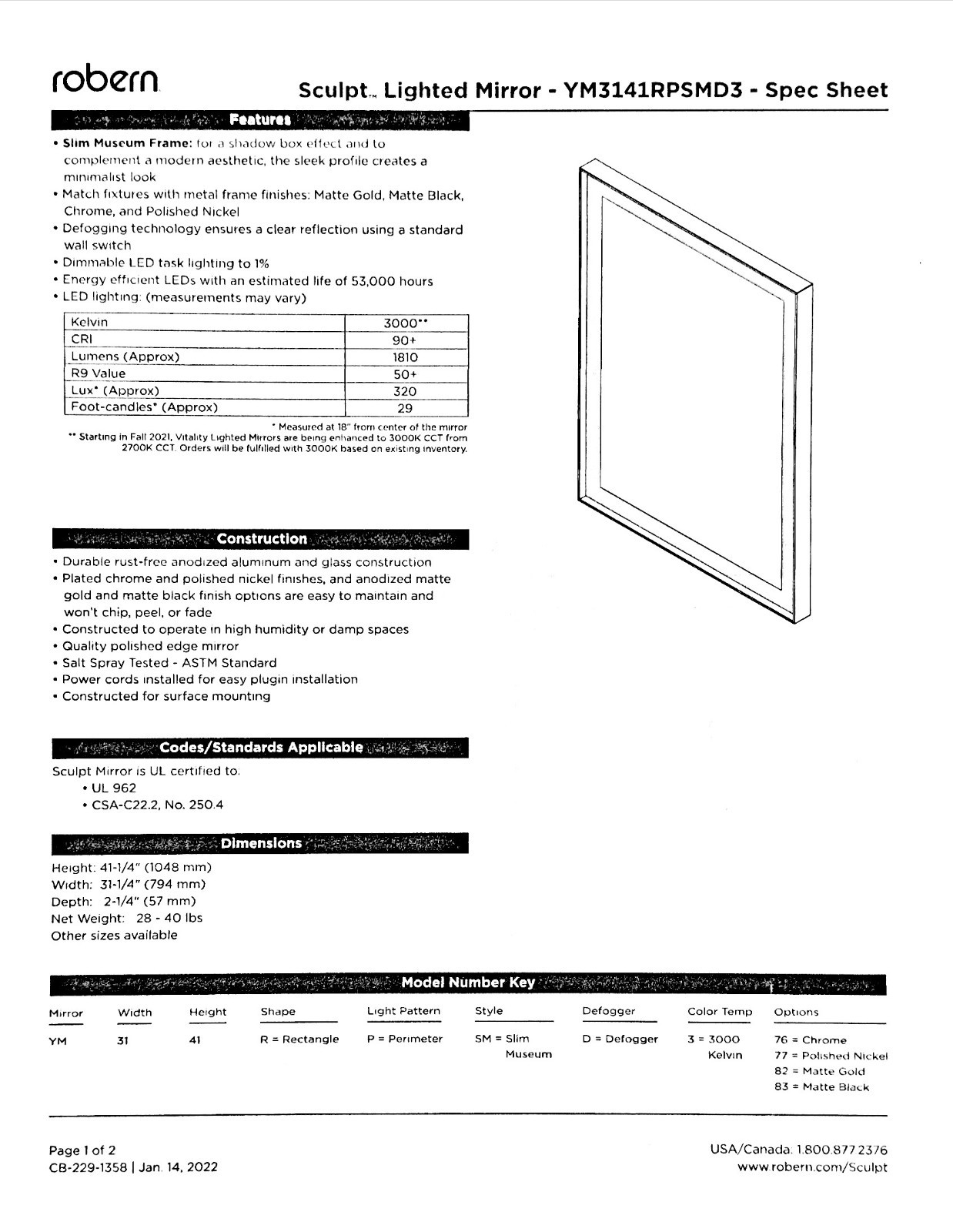 Robern YM3141RPSMD383 – Sculpt, Slim Museum Mirror 31″ x 41″ x 2″ – Matte Black