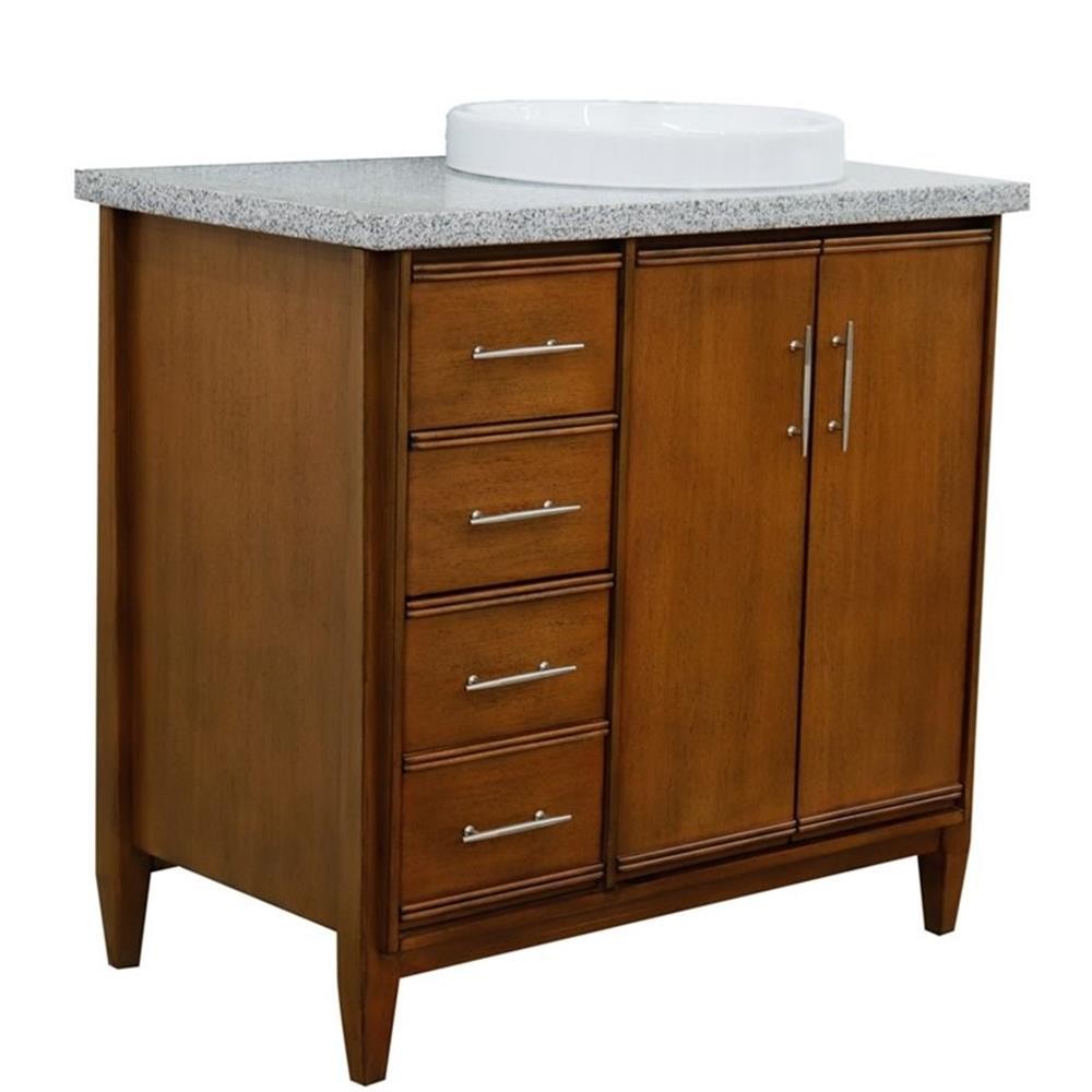 Pemberly Row 37″ Single Solid Wood Vanity with Right Round Sink in Walnut/Gray