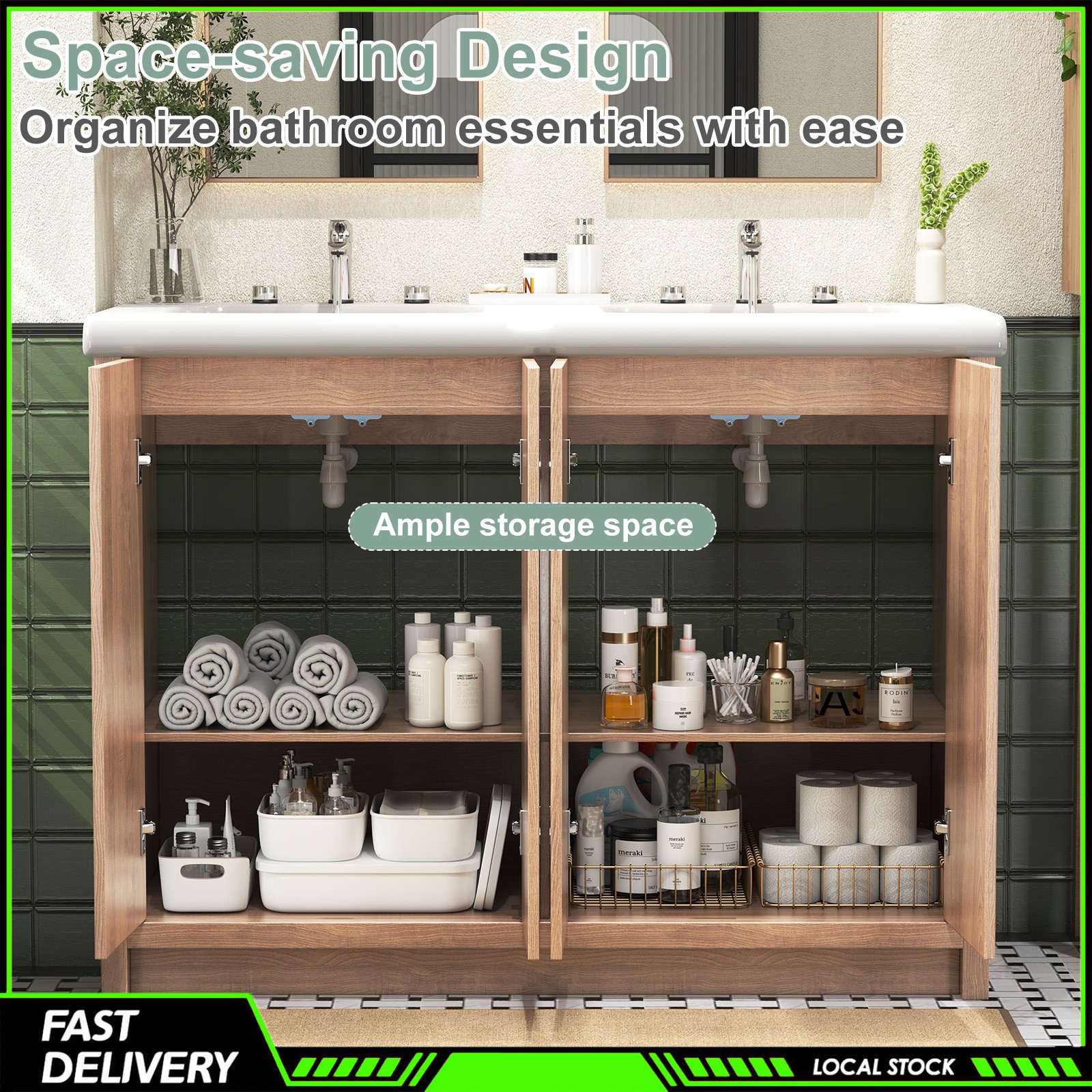 47″ Bathroom Vanity Double Ceramic Sink Freestanding Cabinet Storage With Door