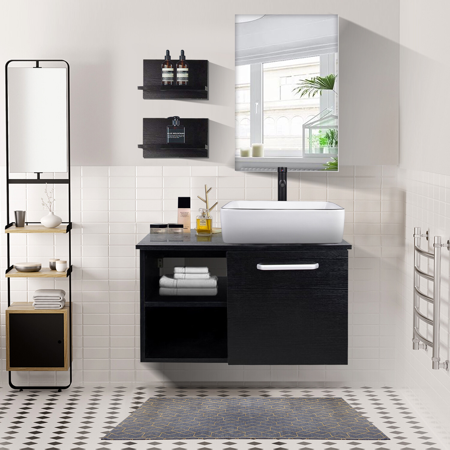 28 in Bathroom Vanity Floating Cabinet with Vessel Sink & Mirror Faucet Drain