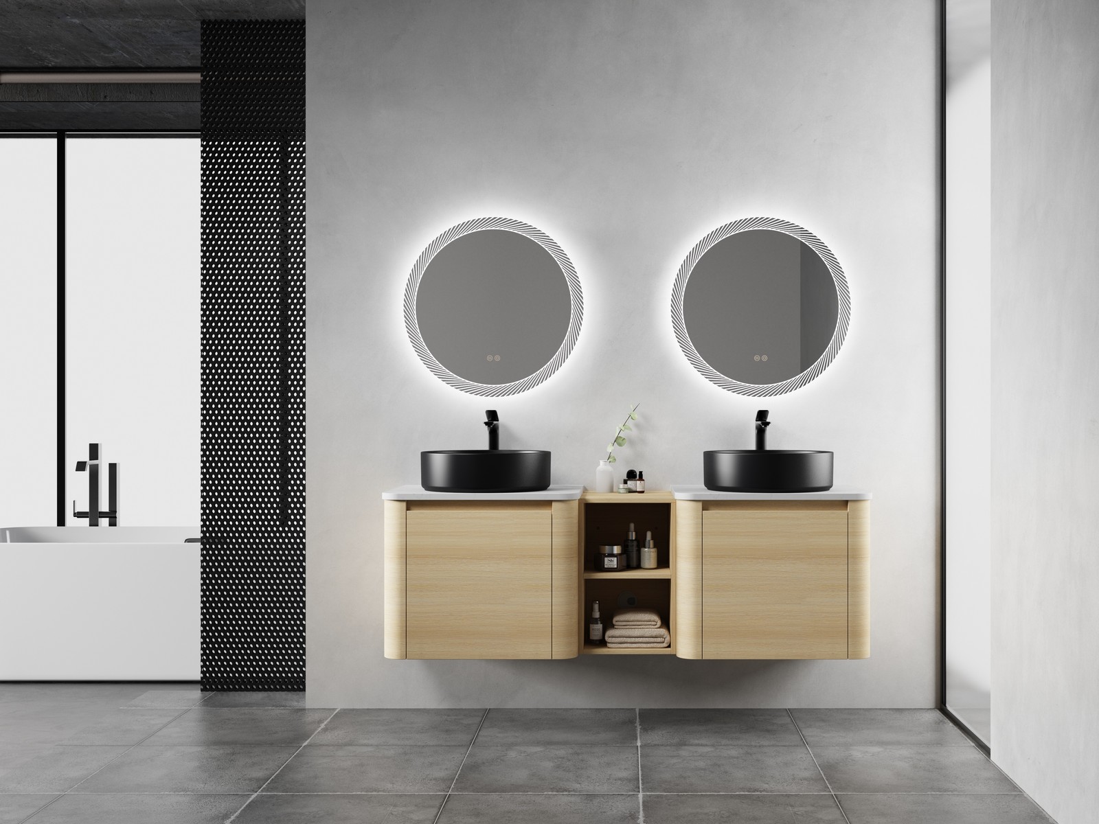 60 in Floating Bathroom Vanity Cabinet 2x Black Ceramic Sink Basin +Open Shelves