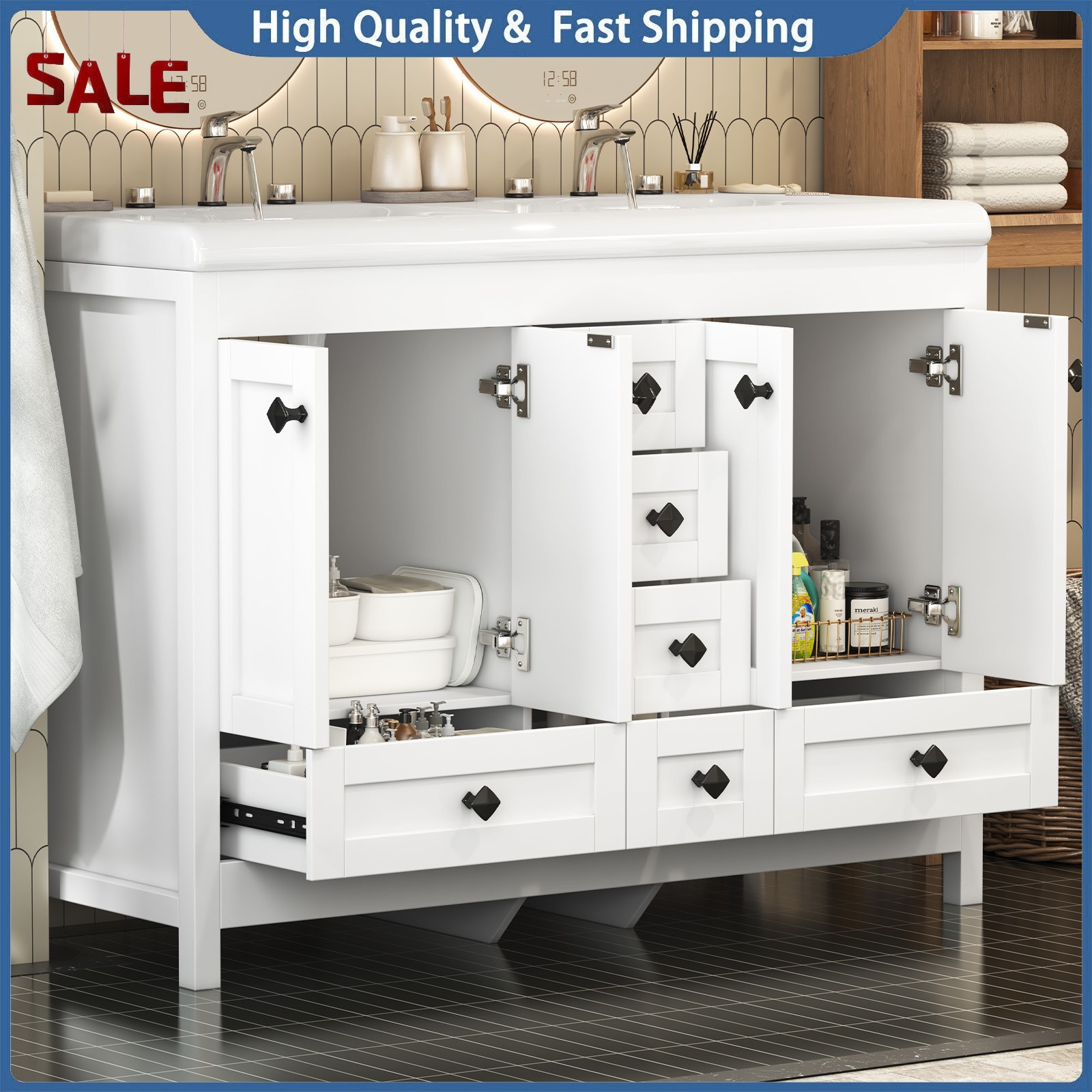 Modern 47-inch Double-Sink Freestanding Vanity with 6 Drawers and Cabinet White