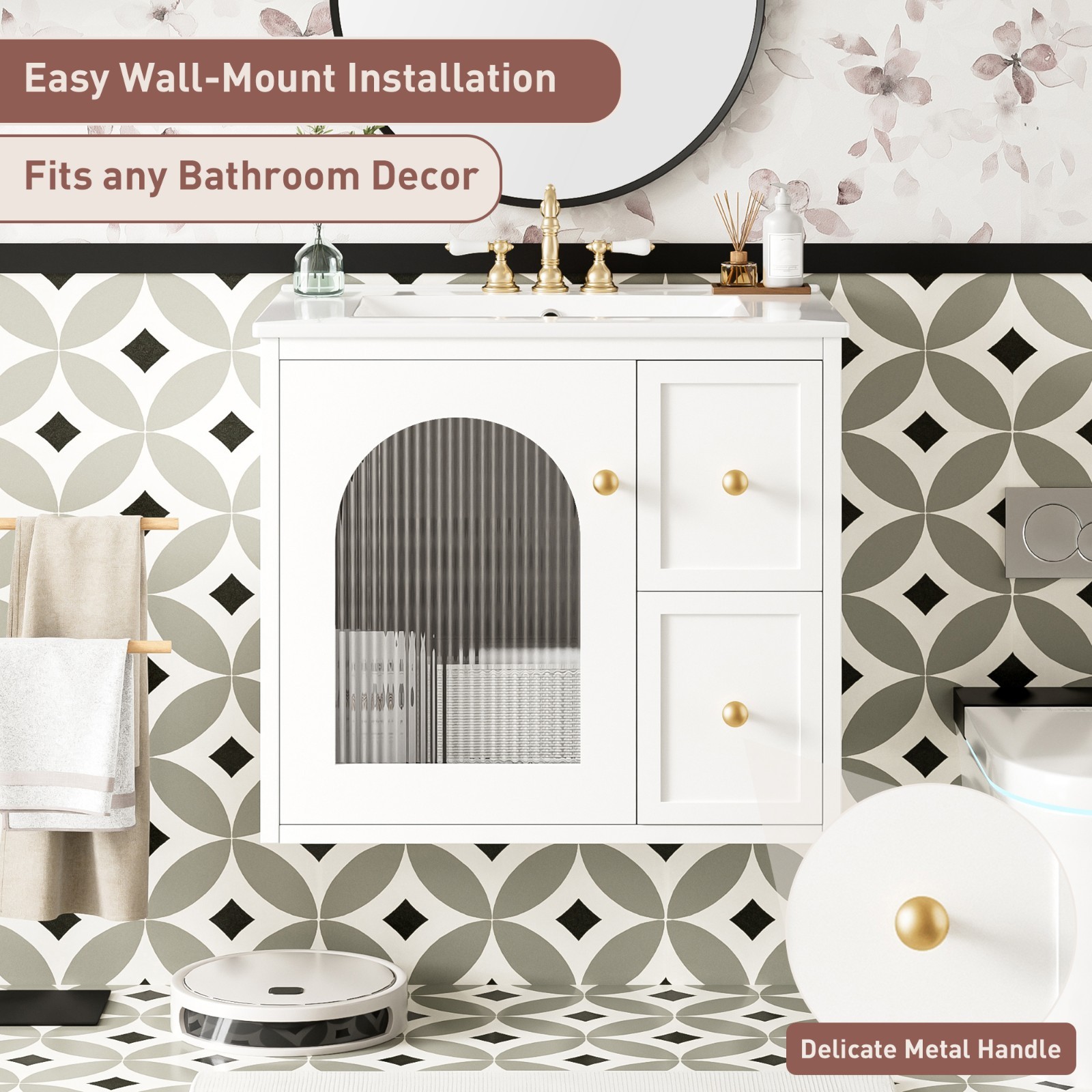 24″ Bathroom Vanity Set with Ceramic Sink Wall Mounted Bathroom Cabinet White