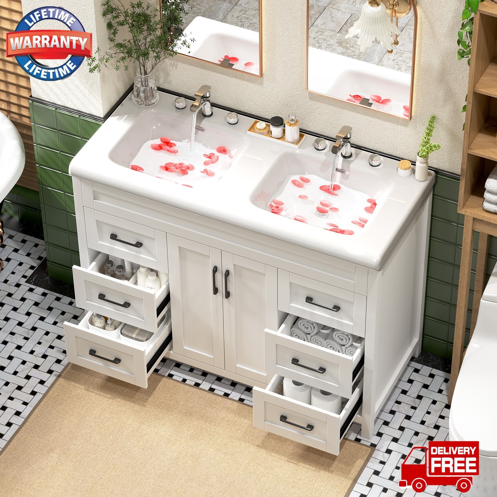 47.3″ Bathroom Vanity Double Sink Ceramic Freestanding Cabinet Storage+4 Drawers