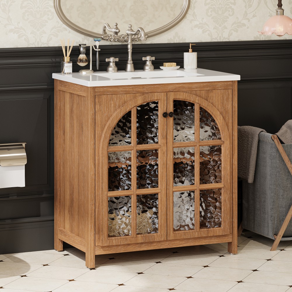 30 Inches Bathroom Vanity with Ceramic Sink, Vintage Rustic Bathroom Cabinet