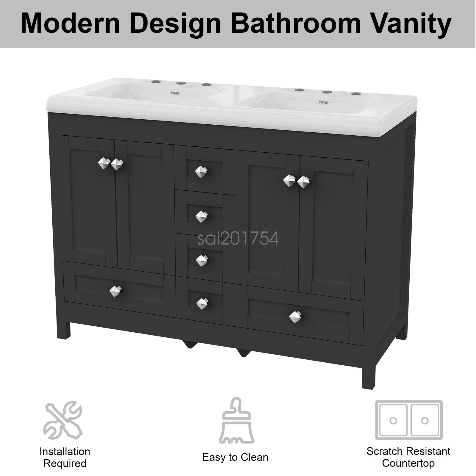 47.3″ Bathroom Vanity Freestanding Ceramic Sink Cabinet Bathroom Sink Set Black