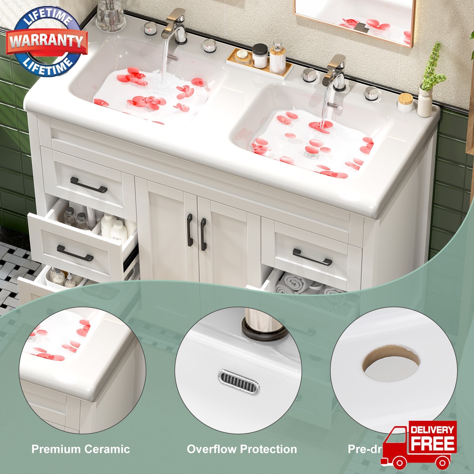 47.3″ Bathroom Vanity Double Sink Ceramic Freestanding Cabinet Storage+4 Drawers