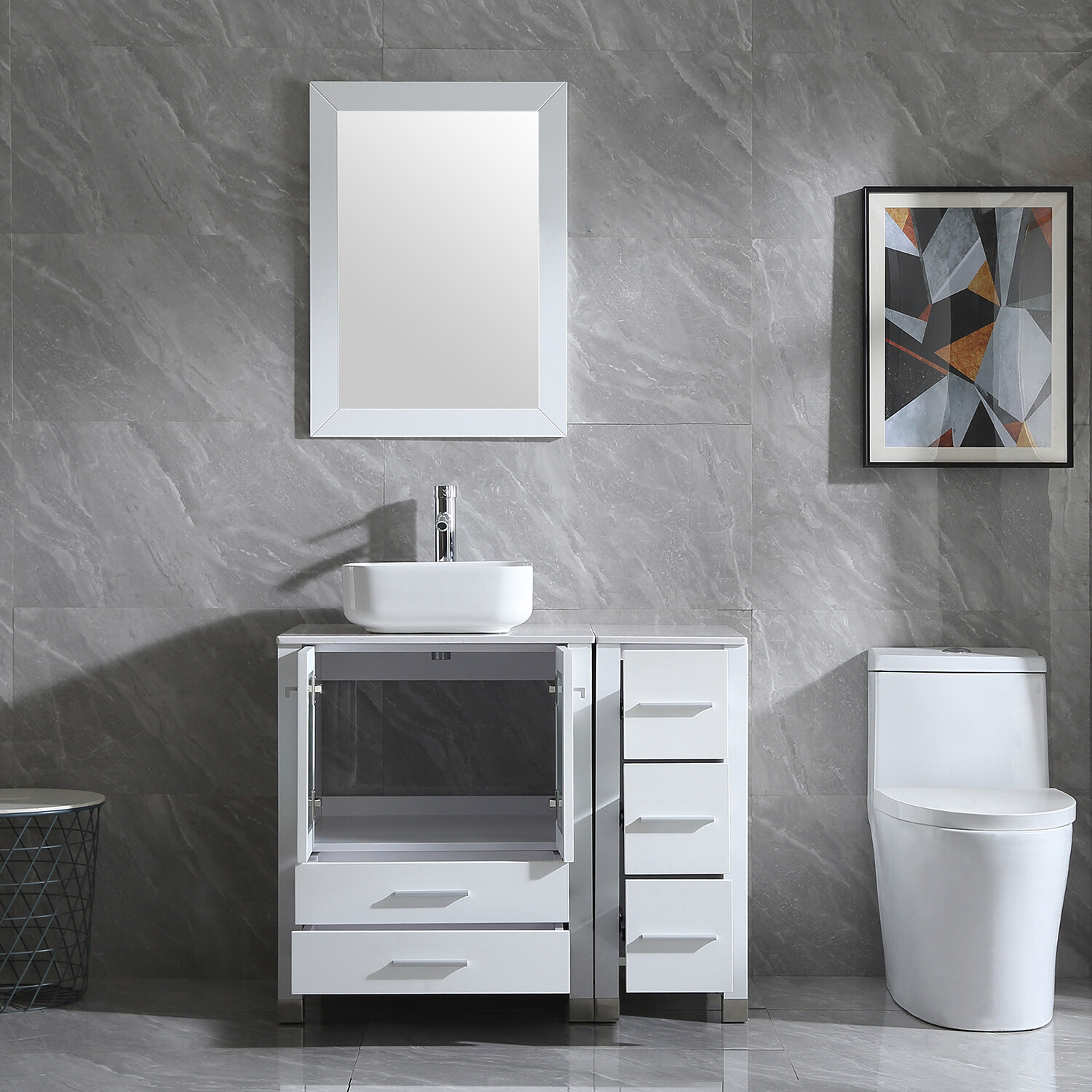 36″ inch Single Sink Bathroom Vanity Set w/Ceramic Vessel Sink Faucet & Mirror