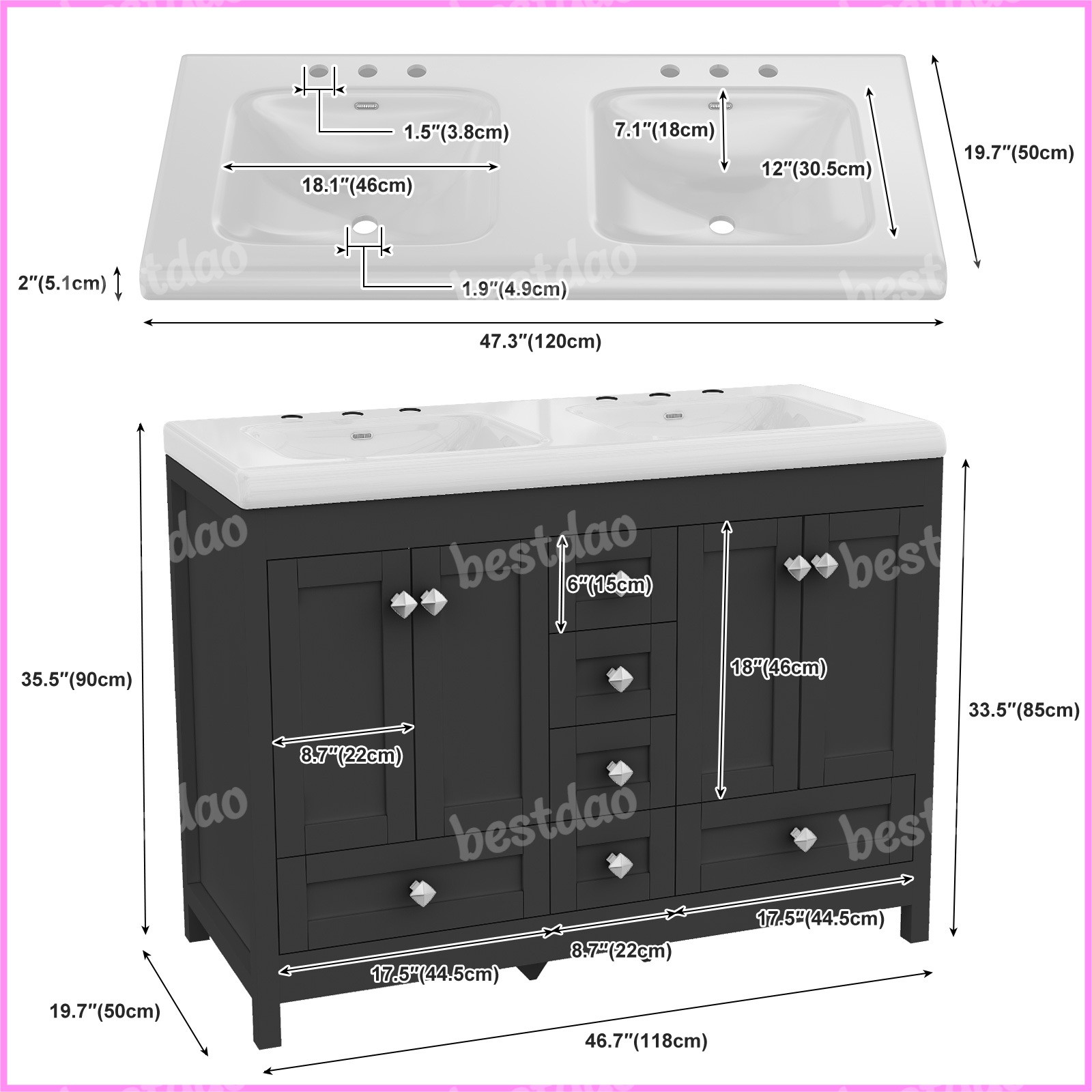 47″ Bathroom Vanity Cabinet with Double Sink Ceramic and 5 Drawers Freestanding